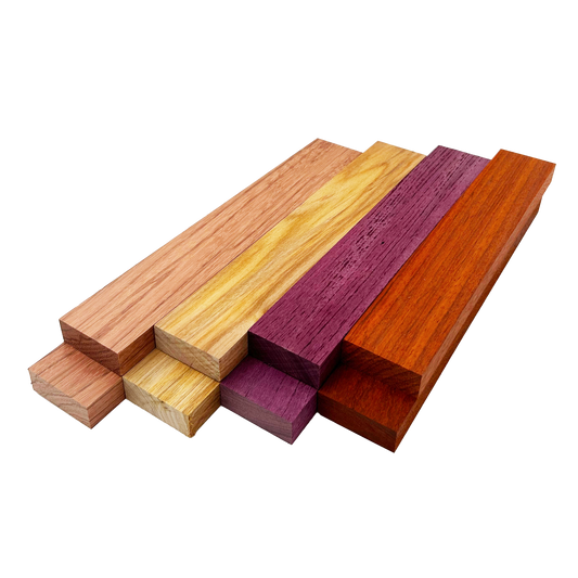 Exotic Colors Variety Pack - Red Zebrawood, Canarywood, Purpleheart, Padauk - 3/4" x 2" (8 Pcs)