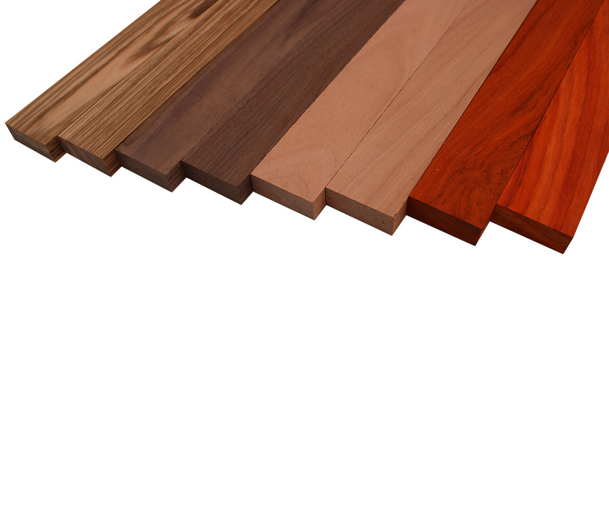 Imported Exotic Hardwood Variety Pack - Zebrawood, Walnut, Padauk, Okoume - 3/4" x 2" (8 Pcs)