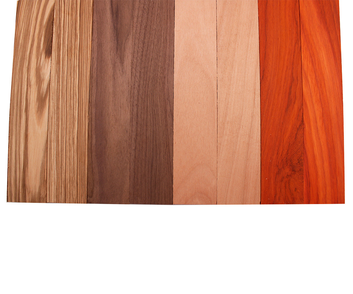 Imported Exotic Hardwood Variety Pack - Zebrawood, Walnut, Padauk, Okoume - 3/4" x 2" (8 Pcs)