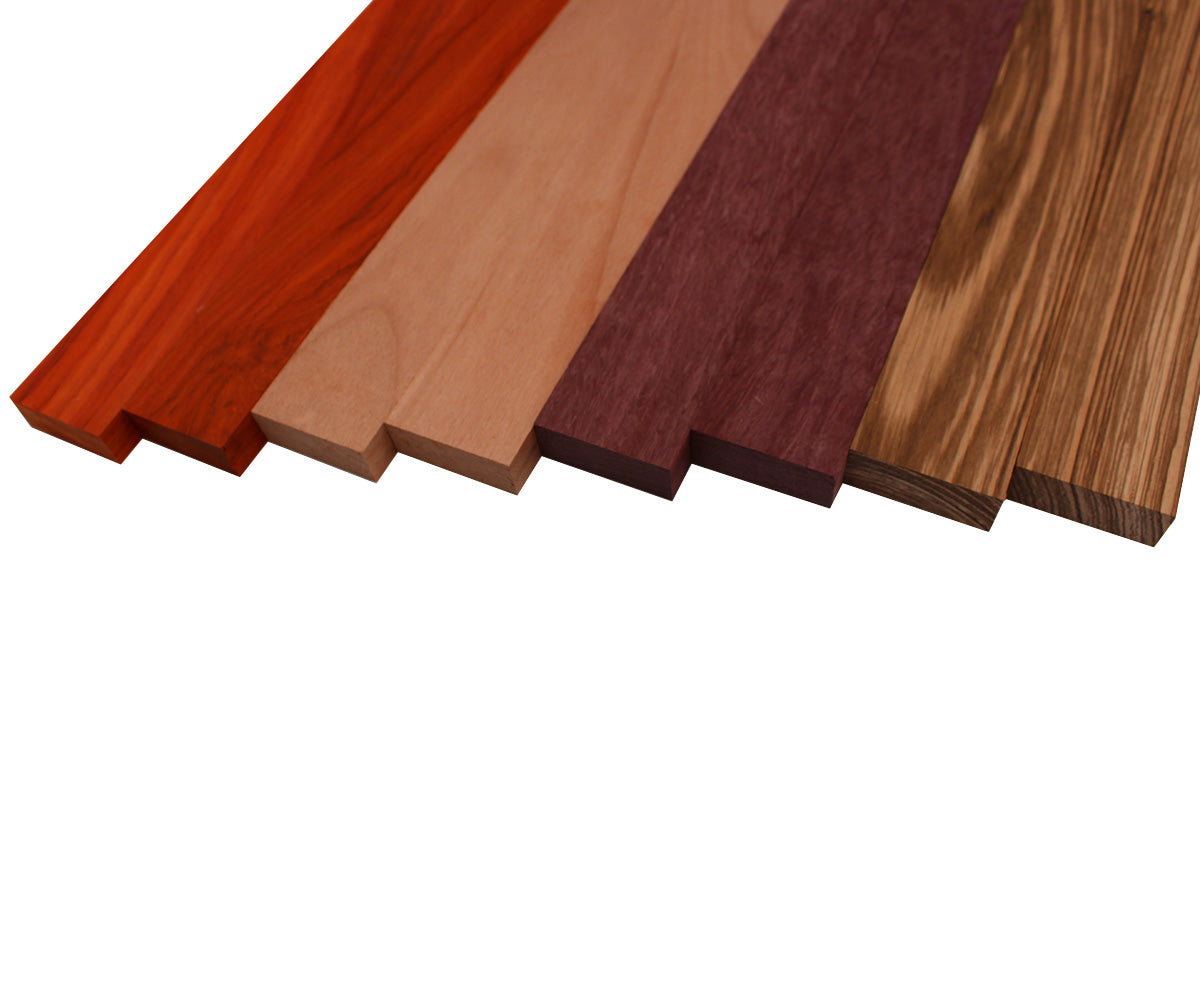 Imported Exotic Hardwood Variety Pack - Zebrawood, Purpleheart, Padauk, Okoume - 3/4" x 2" (8 Pcs)