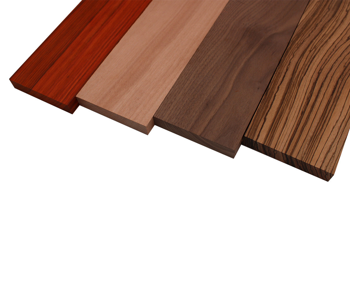 Imported Exotic Hardwood Variety Pack - Zebrawood, Walnut, Padauk, Okoume - 3/4" x 4" (4 Pcs)