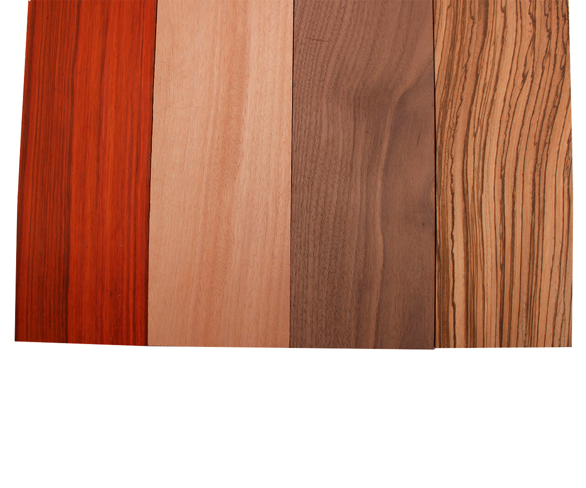 Imported Exotic Hardwood Variety Pack - Zebrawood, Walnut, Padauk, Okoume - 3/4" x 4" (4 Pcs)