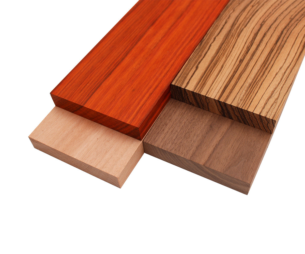 Imported Exotic Hardwood Variety Pack - Zebrawood, Walnut, Padauk, Okoume - 3/4" x 4" (4 Pcs)