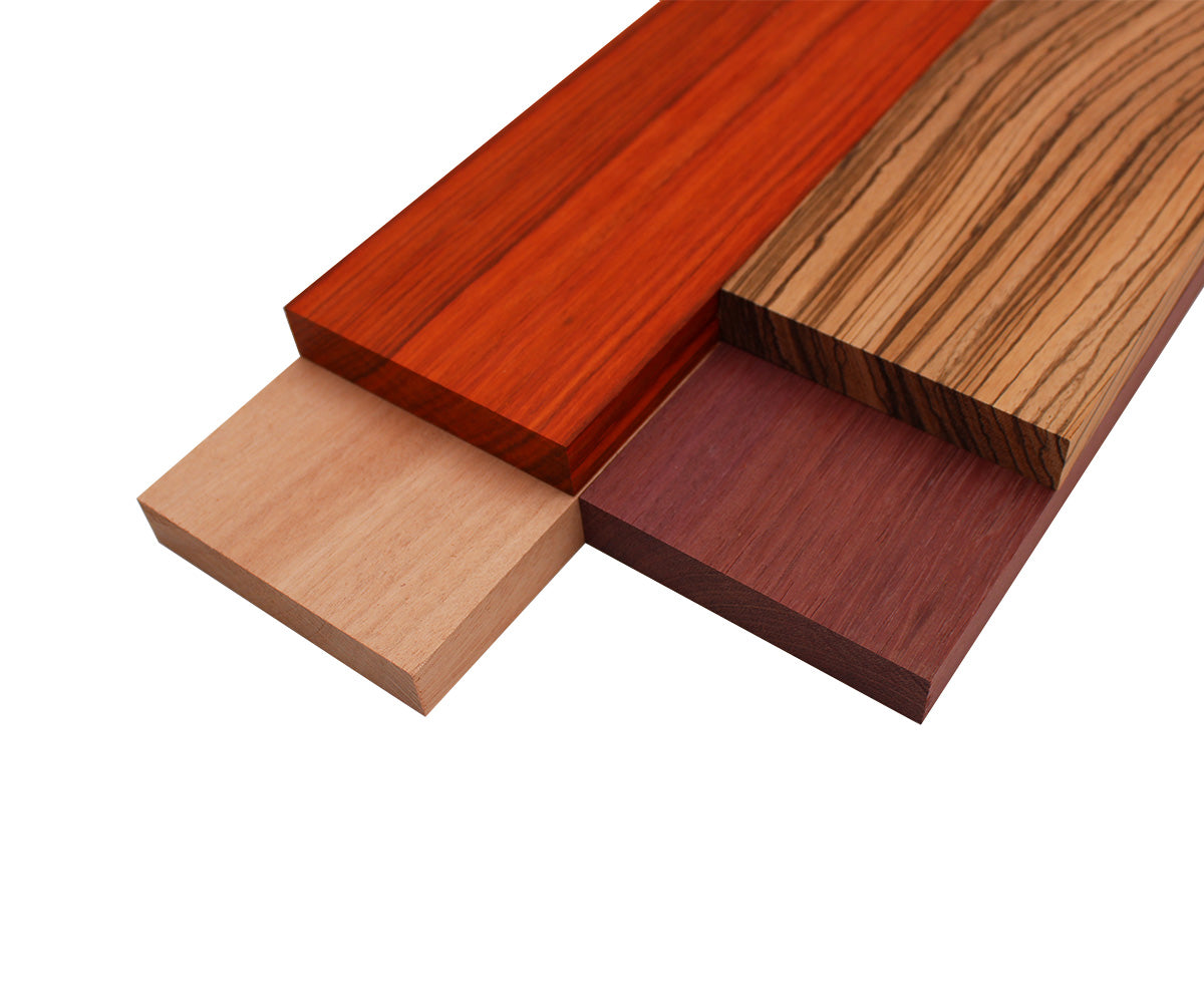 Imported Exotic Hardwood Variety Pack - Zebrawood, Purpleheart, Padauk, Okoume - 3/4" x 4" (4 Pcs)