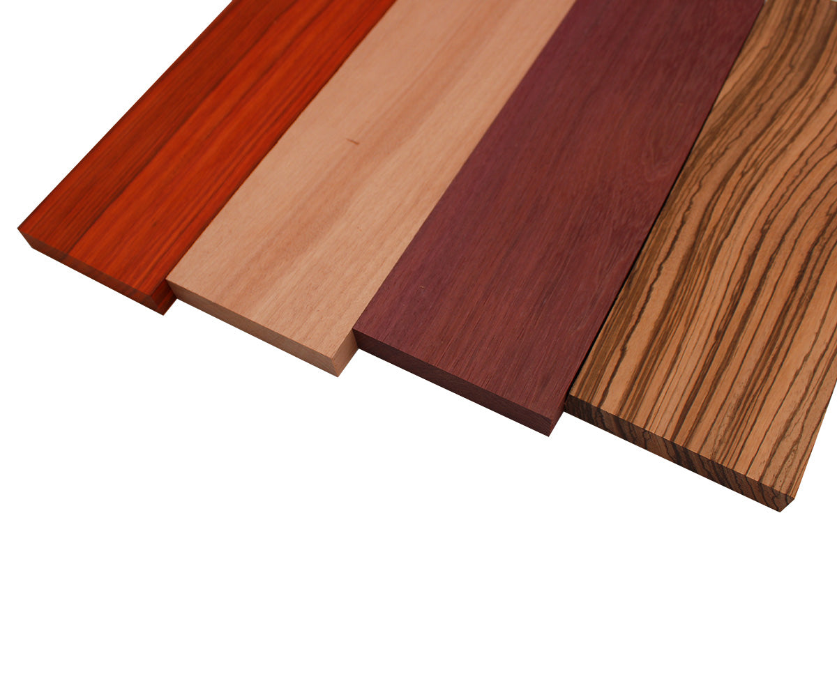 Imported Exotic Hardwood Variety Pack - Zebrawood, Purpleheart, Padauk, Okoume - 3/4" x 4" (4 Pcs)