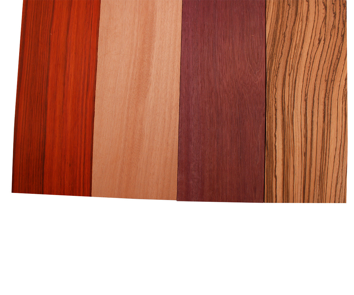 Imported Exotic Hardwood Variety Pack - Zebrawood, Purpleheart, Padauk, Okoume - 3/4" x 4" (4 Pcs)