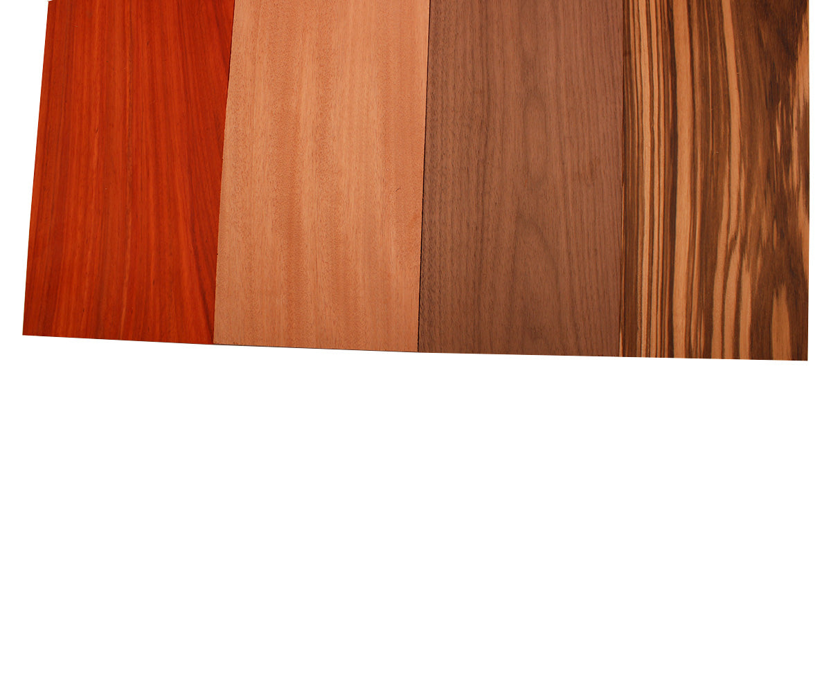 Imported Exotic Hardwood Variety Pack - Zebrawood, Walnut, Padauk, Okoume - 3/4" x 6" (4 Pcs)