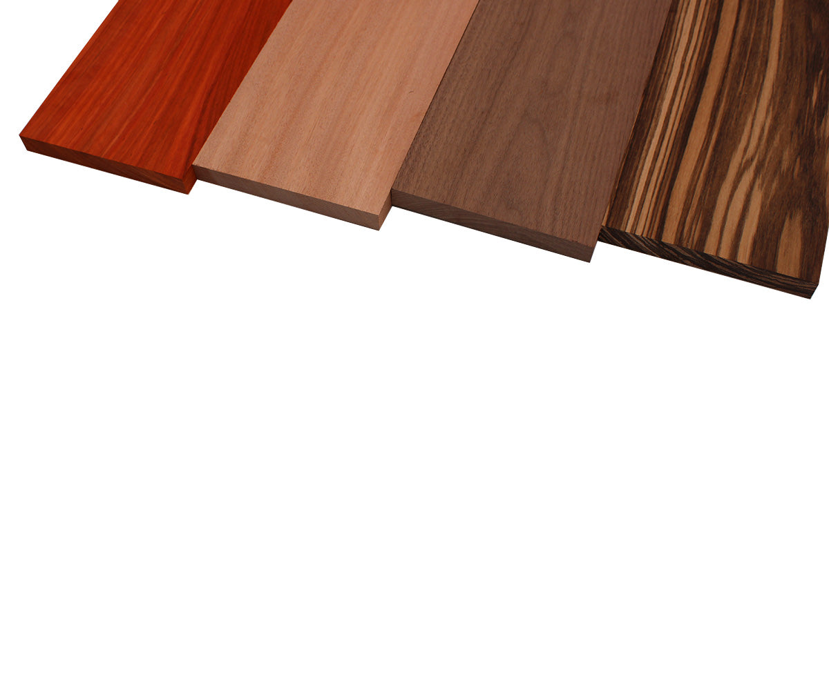 Imported Exotic Hardwood Variety Pack - Zebrawood, Walnut, Padauk, Okoume - 3/4" x 6" (4 Pcs)