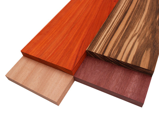 Imported Exotic Hardwood Variety Pack - Zebrawood, Purpleheart, Padauk, Okoume - 3/4" x 6" (4 Pcs)