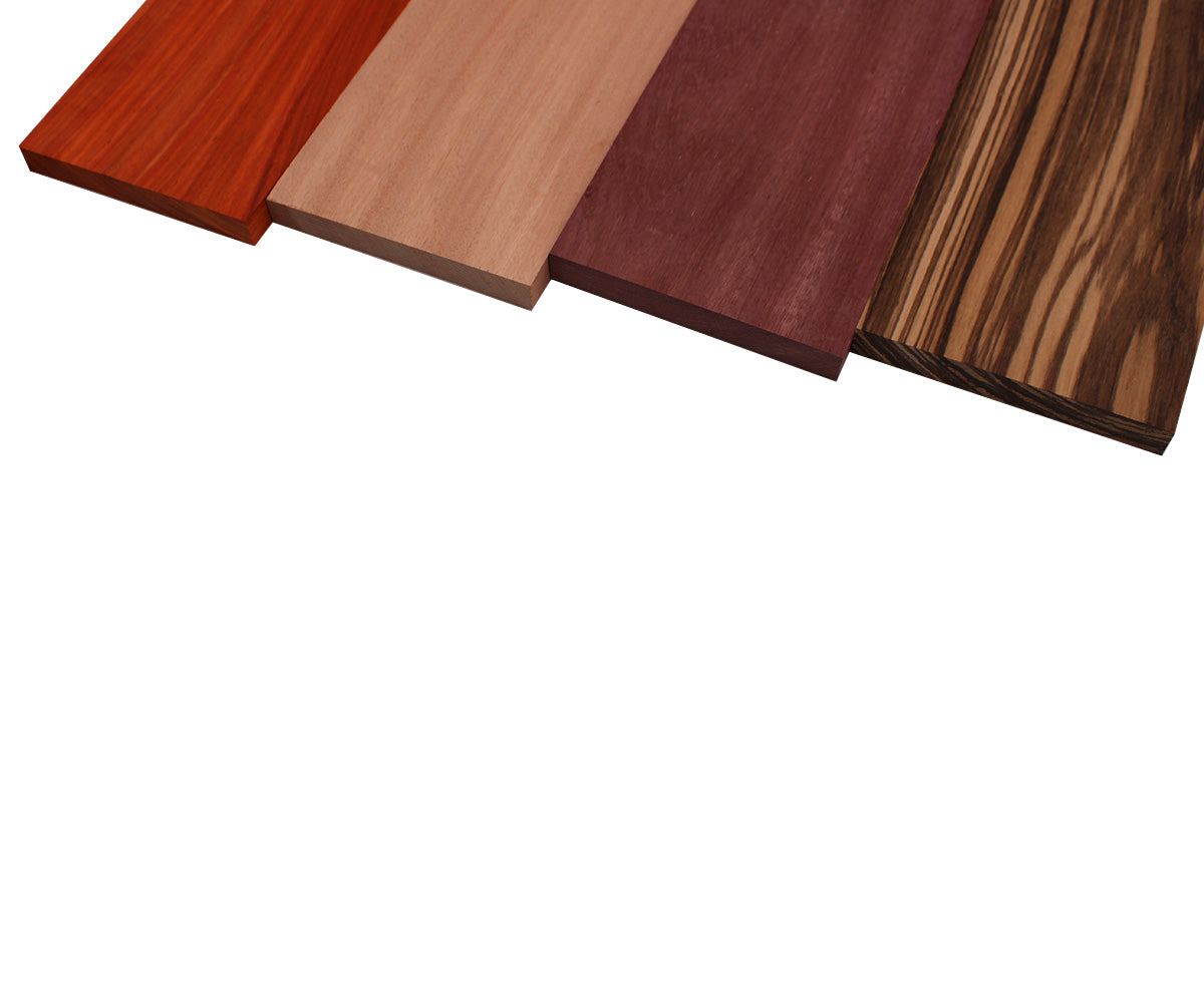 Imported Exotic Hardwood Variety Pack - Zebrawood, Purpleheart, Padauk, Okoume - 3/4" x 6" (4 Pcs)