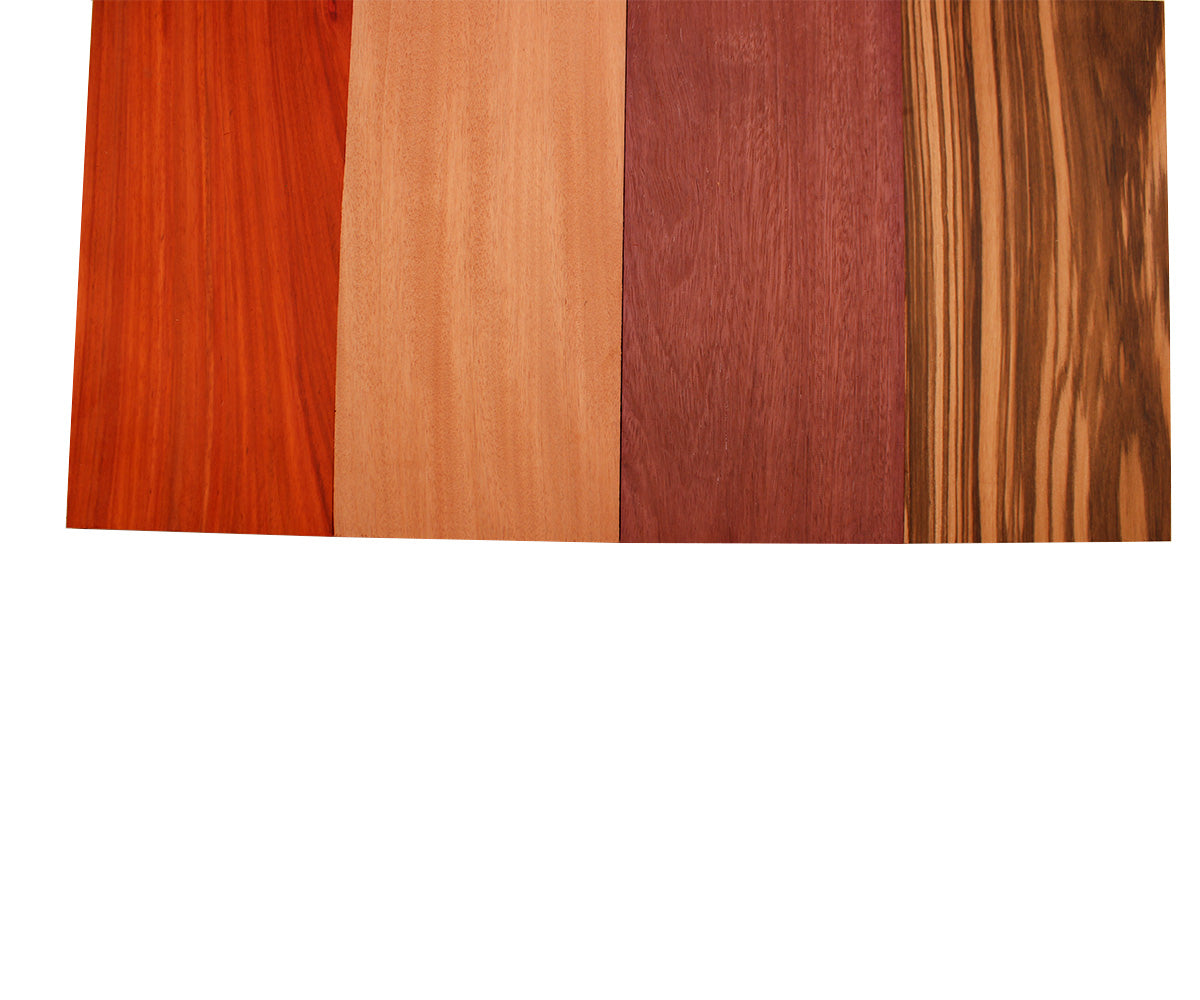 Imported Exotic Hardwood Variety Pack - Zebrawood, Purpleheart, Padauk, Okoume - 3/4" x 6" (4 Pcs)