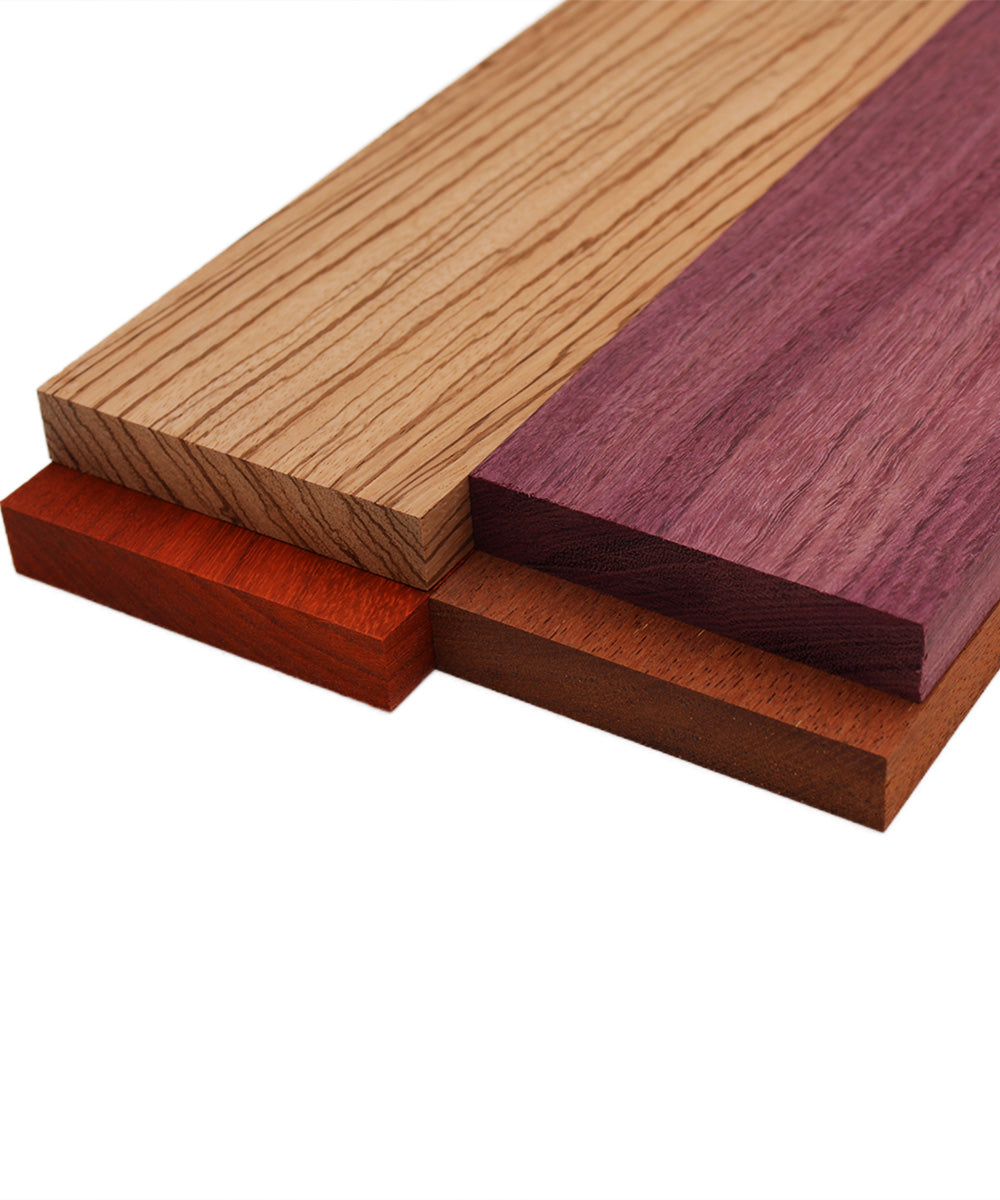 Imported Exotic Hardwood Variety Pack - Padauk, Zebrawood, Purpleheart, and Merbau