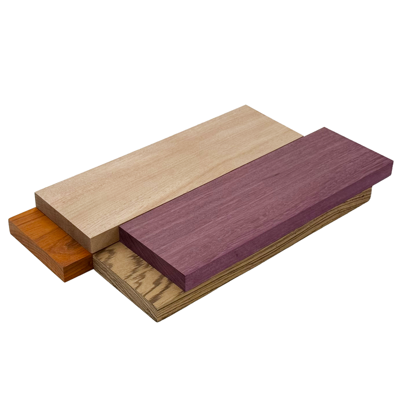 Imported Exotic Hardwood Variety Pack - Zebrawood, Purpleheart, Padauk, Okoume - 3/4" x 4" (4 Pcs)