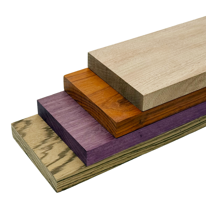 Imported Exotic Hardwood Variety Pack - Zebrawood, Purpleheart, Padauk, Okoume - 3/4" x 4" (4 Pcs)
