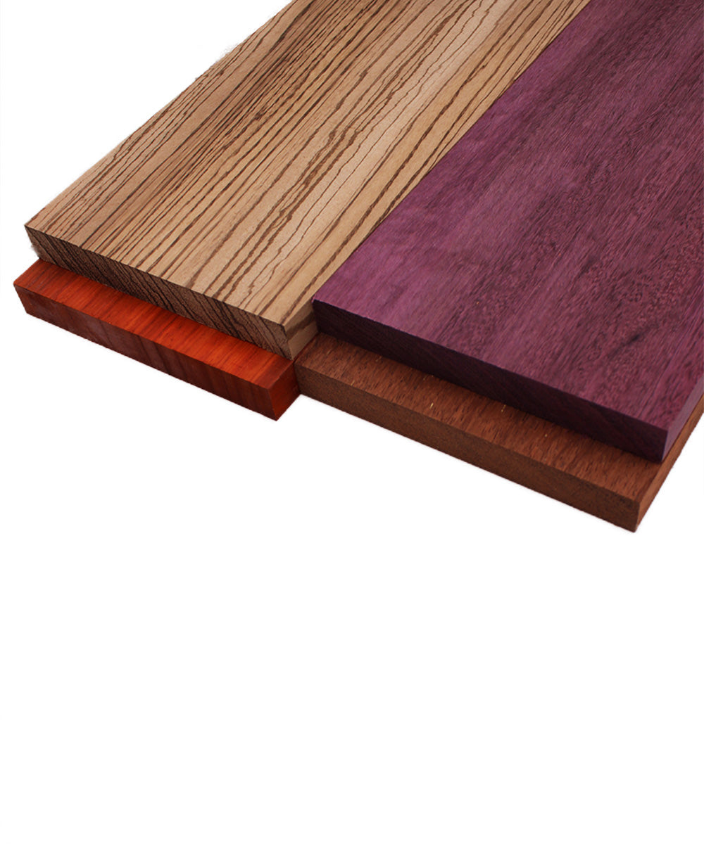 Imported Exotic Hardwood Variety Pack - Padauk, Zebrawood, Purpleheart, and Merbau