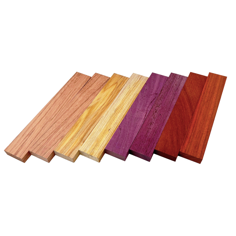 Exotic Colors Variety Pack - Red Zebrawood, Canarywood, Purpleheart, Padauk - 3/4" x 2" (8 Pcs)