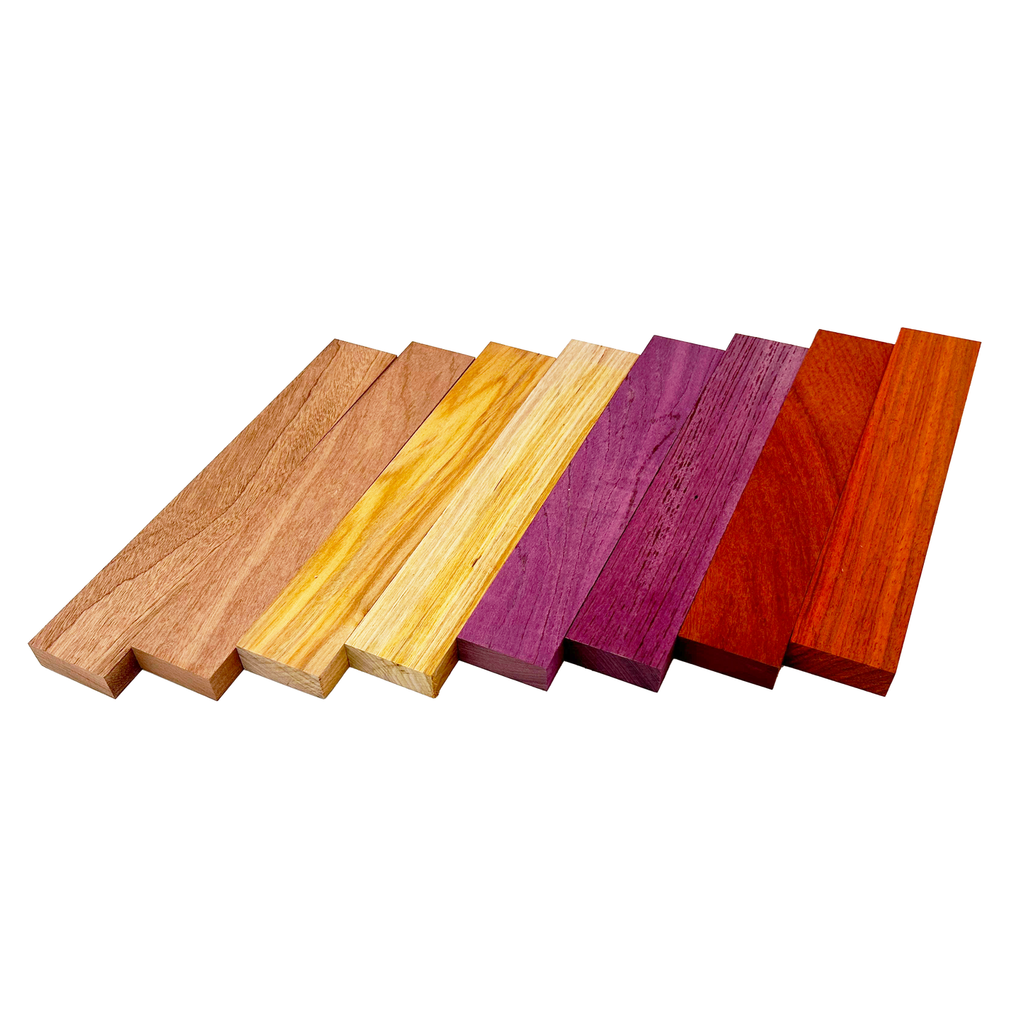 Colorful Exotics Variety Pack - Sapele, Canarywood, Purpleheart, Padauk - 3/4" x 2" (8 Pcs)
