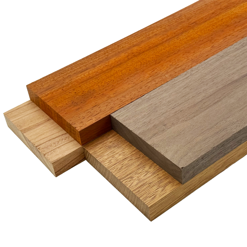 Imported Exotic Hardwood Variety Pack - Padauk, Red Zebrawood, Merbau, and Walnut
