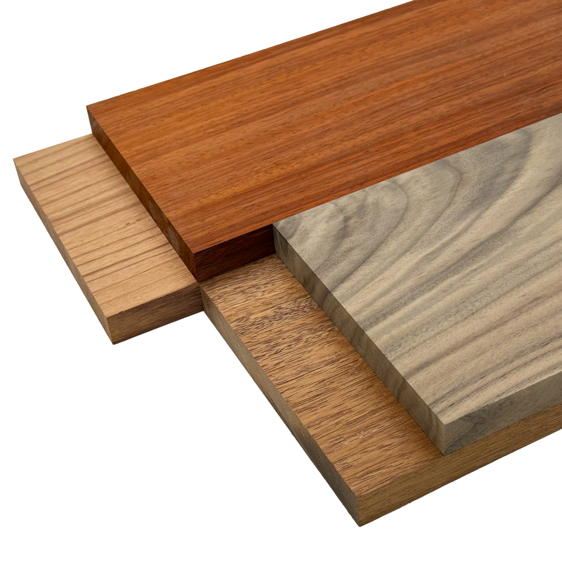 Imported Exotic Hardwood Variety Pack - Padauk, Red Zebrawood, Merbau, and Walnut