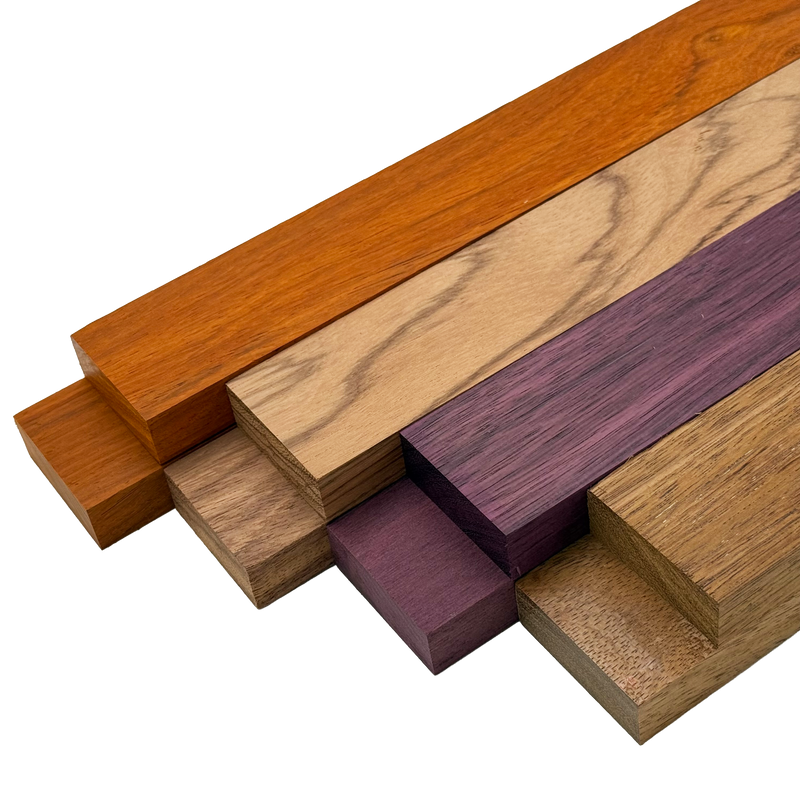 Imported Exotic Hardwood Variety Pack - Padauk, Red Zebrawood, Purpleheart, and Merbau