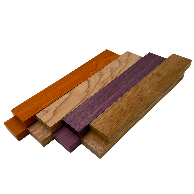 Imported Exotic Hardwood Variety Pack - Padauk, Red Zebrawood, Purpleheart, and Merbau