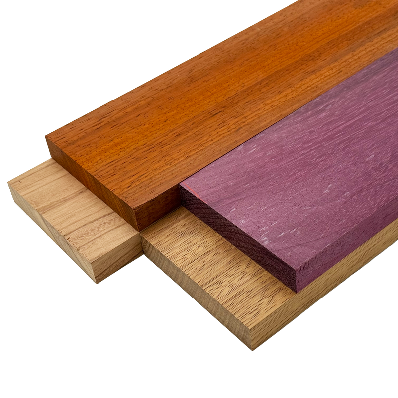 Imported Exotic Hardwood Variety Pack - Padauk, Red Zebrawood, Purpleheart, and Merbau
