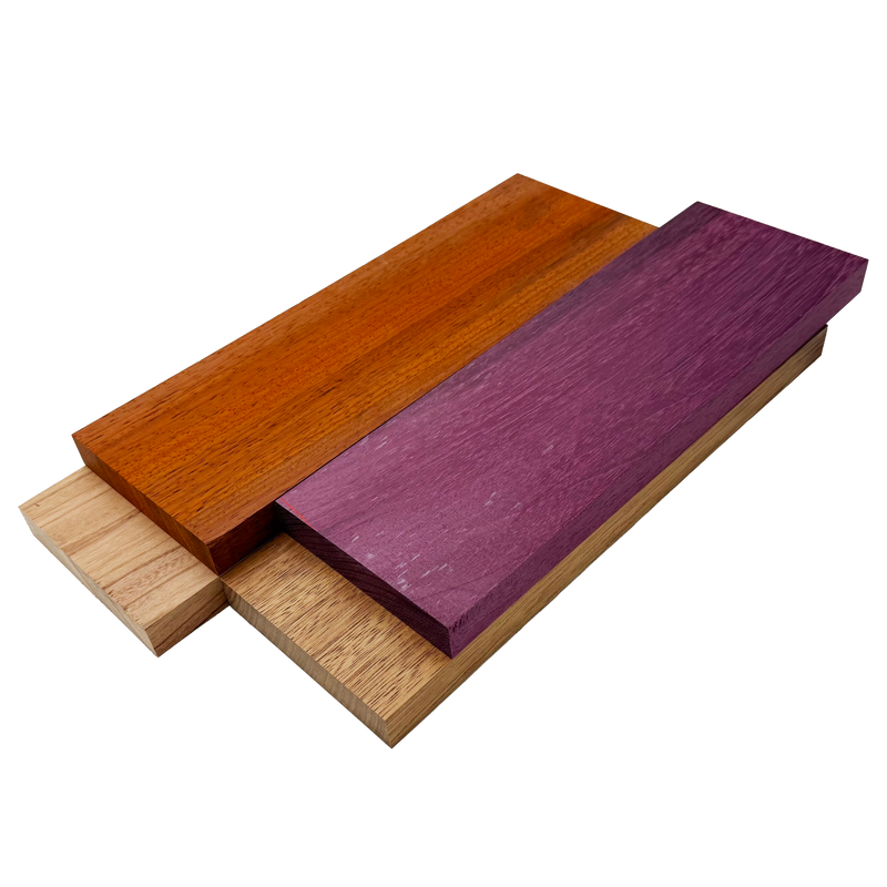 Imported Exotic Hardwood Variety Pack - Padauk, Red Zebrawood, Purpleheart, and Merbau