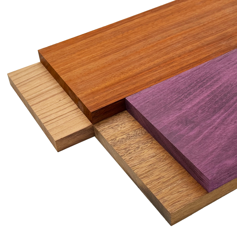 Imported Exotic Hardwood Variety Pack - Padauk, Red Zebrawood, Purpleheart, and Merbau