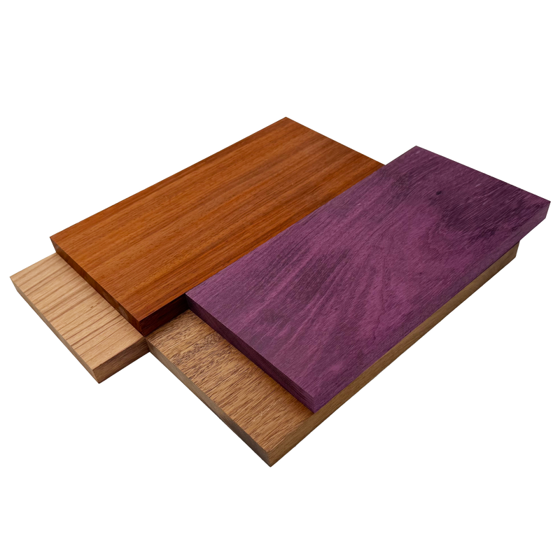 Imported Exotic Hardwood Variety Pack - Padauk, Red Zebrawood, Purpleheart, and Merbau