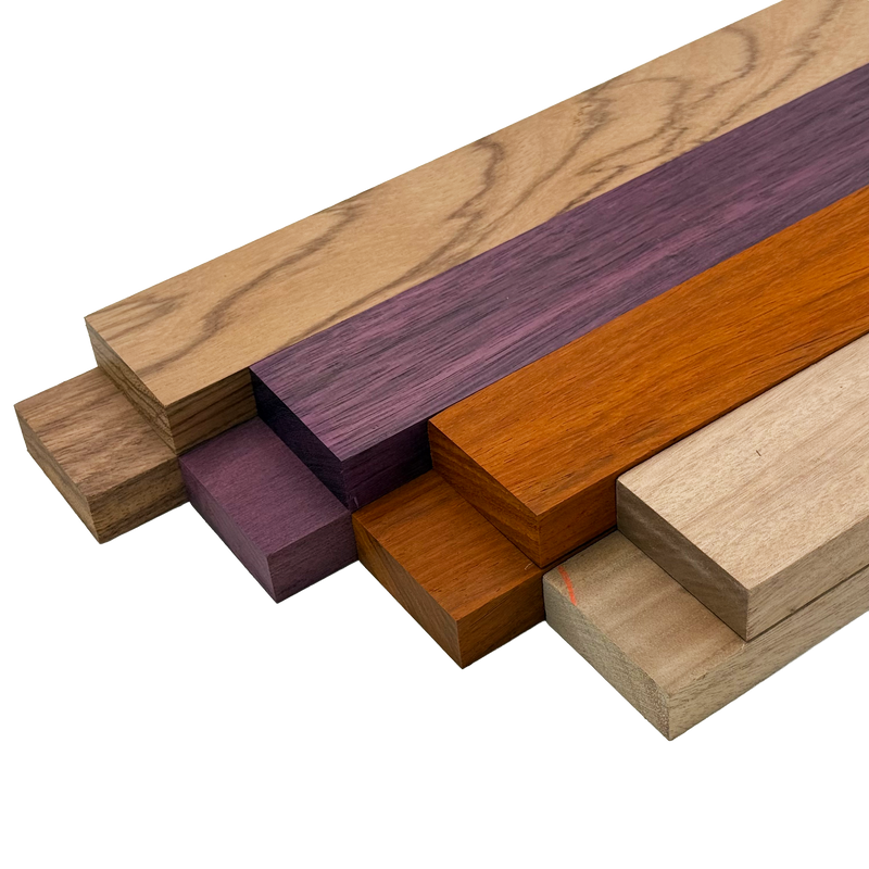 Imported Exotic Hardwood Variety Pack - Red Zebrawood, Purpleheart, Padauk, Okoume - 3/4" x 2" (8 Pcs)