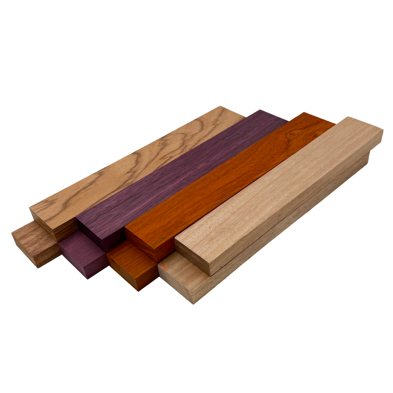 Imported Exotic Hardwood Variety Pack - Red Zebrawood, Purpleheart, Padauk, Okoume - 3/4" x 2" (8 Pcs)