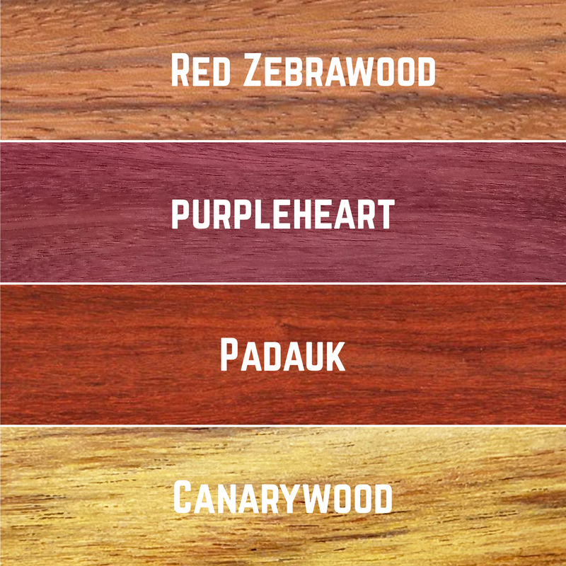 Exotic Colors Variety Pack - Red Zebrawood, Canarywood, Purpleheart, Padauk - 3/4" x 2" (8 Pcs)