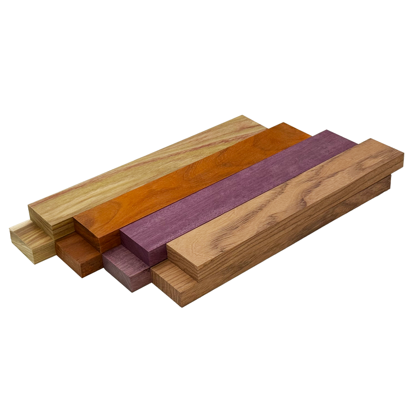 Exotic Colors Variety Pack - Red Zebrawood, Canarywood, Purpleheart, Padauk - 3/4" x 2" (8 Pcs)