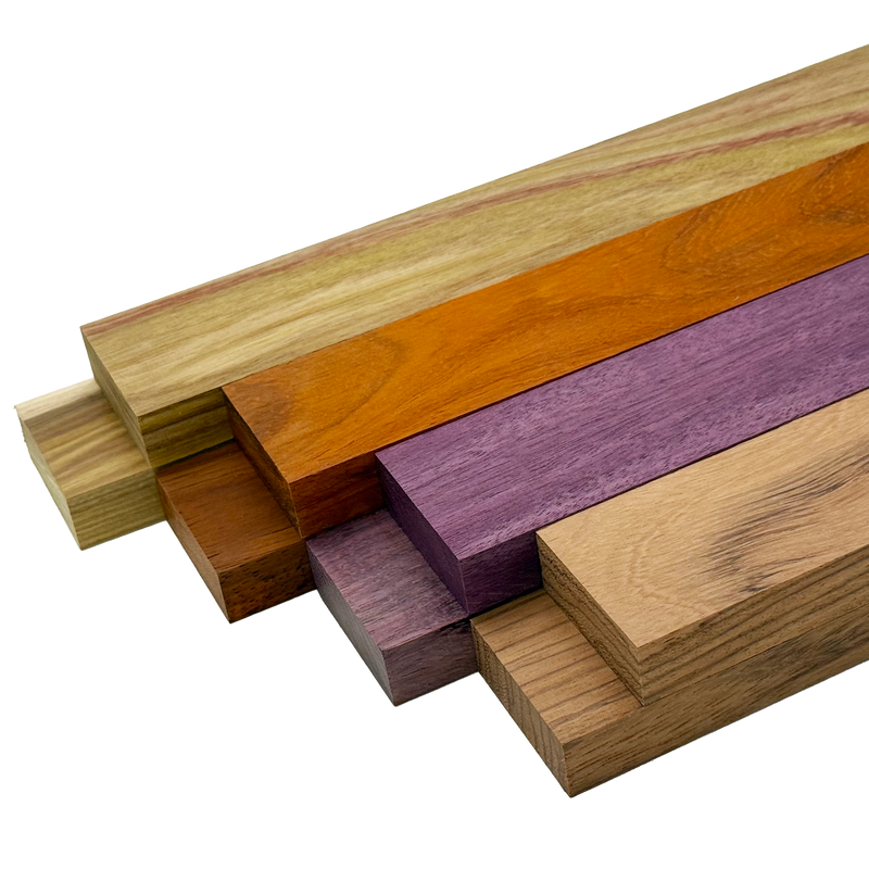 Exotic Colors Variety Pack - Red Zebrawood, Canarywood, Purpleheart, Padauk - 3/4" x 2" (8 Pcs)