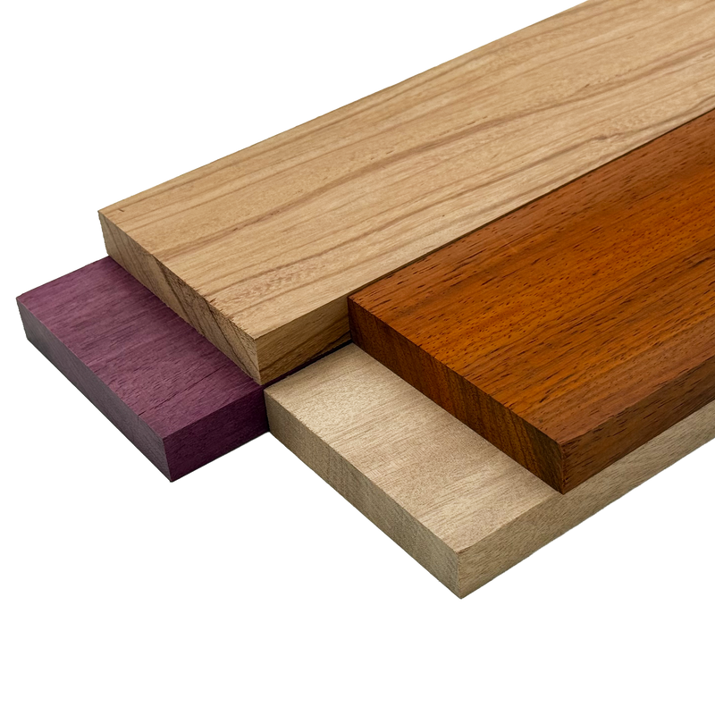 Imported Exotic Hardwood Variety Pack - Red Zebrawood, Purpleheart, Padauk, Okoume - 3/4" x 4" (4 Pcs)