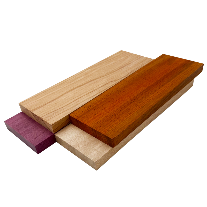 Imported Exotic Hardwood Variety Pack - Red Zebrawood, Purpleheart, Padauk, Okoume - 3/4" x 4" (4 Pcs)