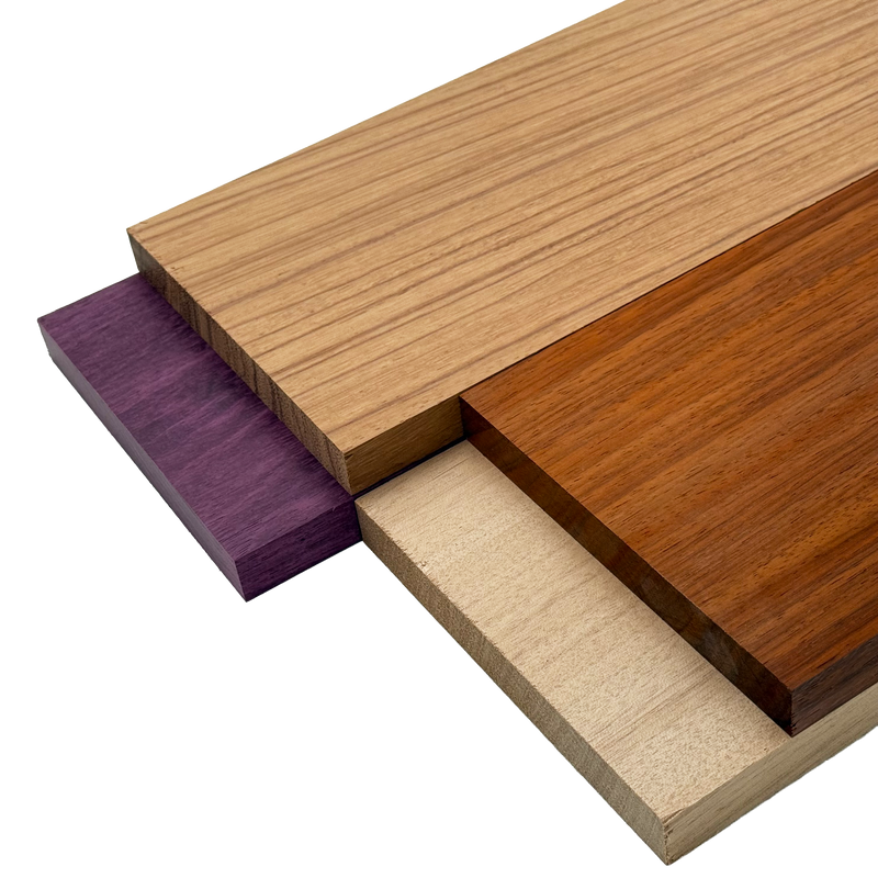 Imported Exotic Hardwood Variety Pack - Red Zebrawood, Purpleheart, Padauk, Okoume - 3/4" x 6" (4 Pcs)