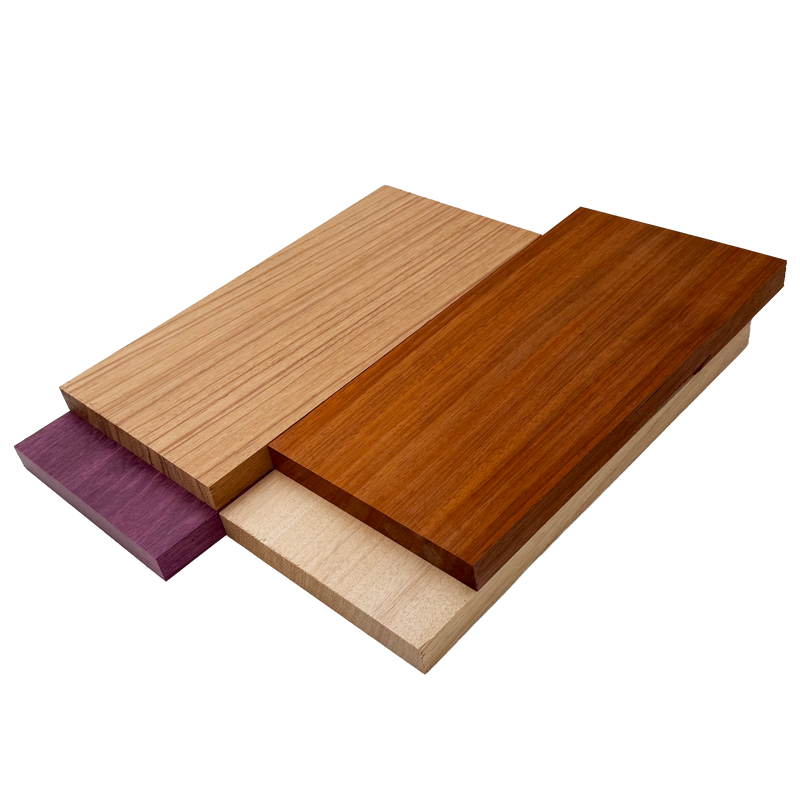 Imported Exotic Hardwood Variety Pack - Red Zebrawood, Purpleheart, Padauk, Okoume - 3/4" x 6" (4 Pcs)