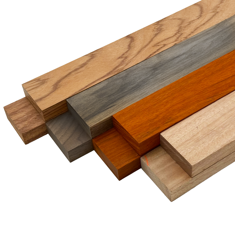 Imported Exotic Hardwood Variety Pack - Red Zebrawood, Walnut, Padauk, Okoume - 3/4" x 2" (8 Pcs)
