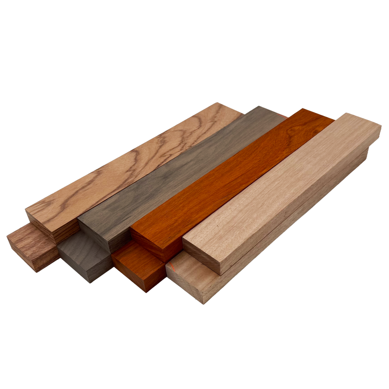Imported Exotic Hardwood Variety Pack - Red Zebrawood, Walnut, Padauk, Okoume - 3/4" x 2" (8 Pcs)