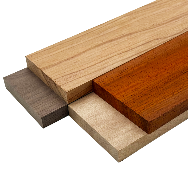 Imported Exotic Hardwood Variety Pack - Red Zebrawood, Walnut, Padauk, Okoume - 3/4" x 4" (4 Pcs)