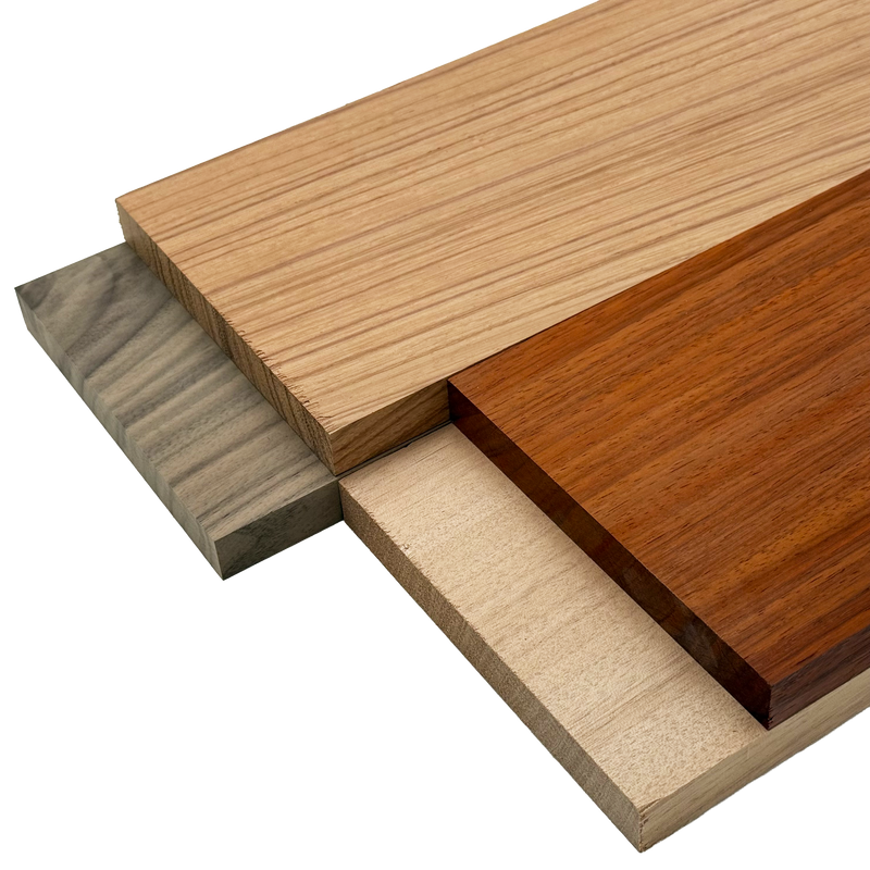 Imported Exotic Hardwood Variety Pack -  Red Zebrawood, Walnut, Padauk, Okoume - 3/4" x 6" (4 Pcs)