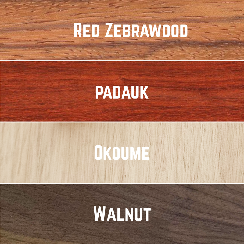 Imported Exotic Hardwood Variety Pack -  Red Zebrawood, Walnut, Padauk, Okoume - 3/4" x 6" (4 Pcs)