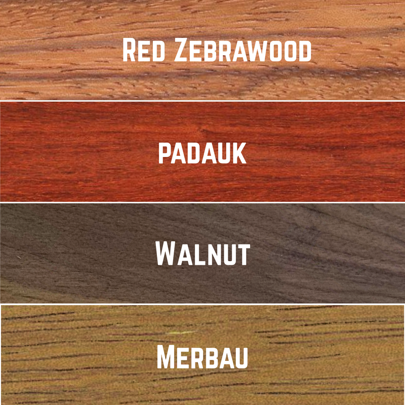 Imported Exotic Hardwood Variety Pack - Padauk, Red Zebrawood, Merbau, and Walnut