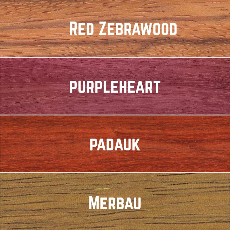 Imported Exotic Hardwood Variety Pack - Padauk, Red Zebrawood, Purpleheart, and Merbau