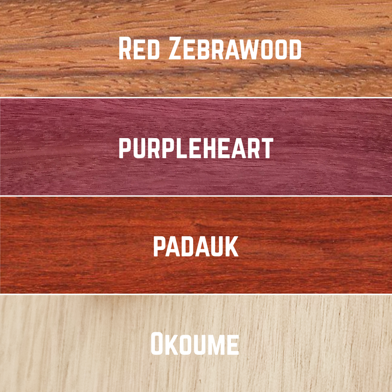 Imported Exotic Hardwood Variety Pack - Red Zebrawood, Purpleheart, Padauk, Okoume - 3/4" x 4" (4 Pcs)