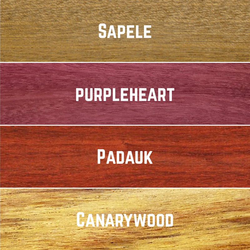 Colorful Exotics Variety Pack - Sapele, Canarywood, Purpleheart, Padauk - 3/4" x 2" (8 Pcs)