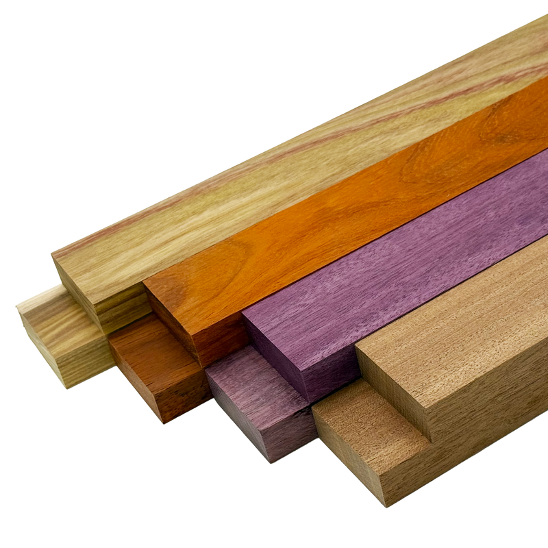 Colorful Exotics Variety Pack - Sapele, Canarywood, Purpleheart, Padauk - 3/4" x 2" (8 Pcs)
