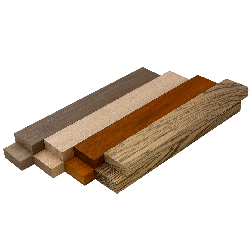 Imported Exotic Hardwood Variety Pack - Zebrawood, Walnut, Padauk, Okoume - 3/4" x 2" (8 Pcs)