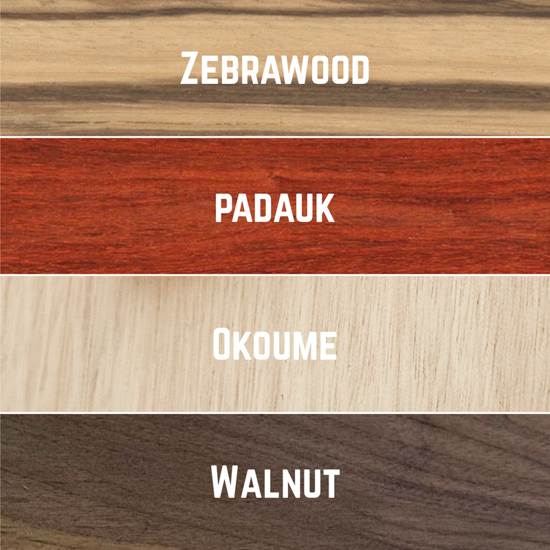 Imported Exotic Hardwood Variety Pack - Zebrawood, Walnut, Padauk, Okoume - 3/4" x 4" (4 Pcs)
